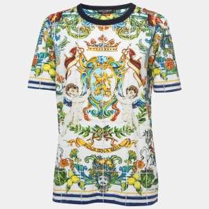 Pre Owned Dolce & Gabbana White Sicilian Print Cotton Crew Neck T-Shirt XS