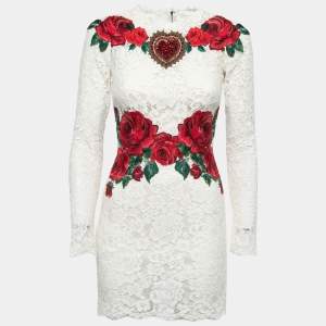 Pre Owned Dolce & Gabbana White Lace Rose Embroidered Mini Dress S