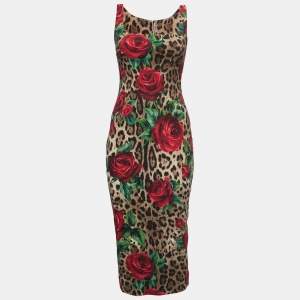 Pre Owned Dolce & Gabbana Brown Floral Animal Printed Crepe Midi Dress S