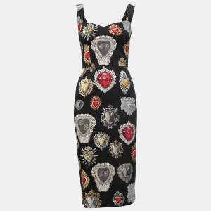Pre Owned Dolce & Gabbana Black Sacred Hearts Printed Silk Midi Dress S
