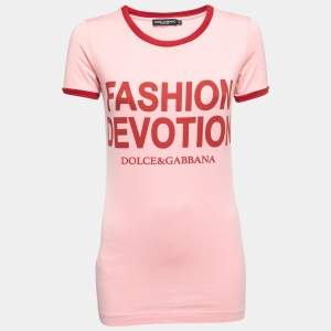 Pre Owned Dolce & Gabbana Pink Fashion Devotion Print Cotton Crew Neck T-Shirt XS