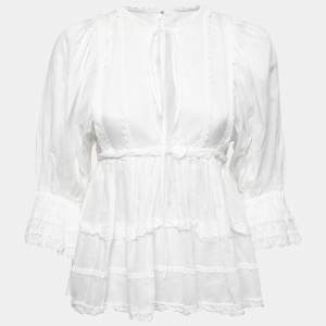 Dolce & Gabbana White Batista Cotton Lace Trim Gathered Blouse S