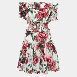 Pre Owned Dolce & Gabbana White Floral Printed Cotton Off Shoulder Mini Dress M