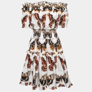 Pre Owned Dolce & Gabbana White Butterfly Printed Cotton Ruffled Mini Dress M