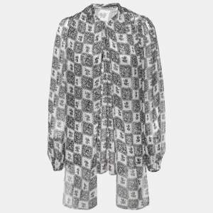 Pre Owned Dolce & Gabbana Monochrome Floral Grid Print Silk Tie Detail Blouse S