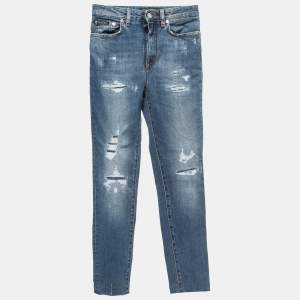 Pre Owned Dolce & Gabbana Blue Distressed Denim Audrey Skinny Jeans XS Waist 24"