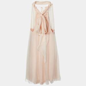 Pre Owned Dolce & Gabbana Pink Silk Floral Applique Halter Neck Dress M