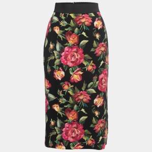 Pre Owned Dolce & Gabbana Black Floral Printed Crepe Pencil Skirt M