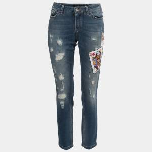 Pre Owned Dolce & Gabbana Blue Denim Cards Embellished Pretty Fit Jeans M