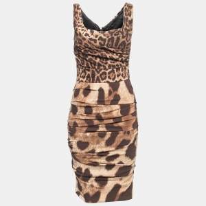 Pre Owned Dolce & Gabbana Brown Leopard Print Silk Sleeveless Draped Short Dress S