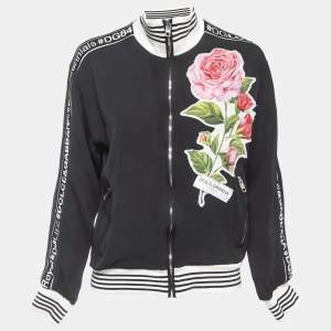 Pre Owned Dolce & Gabbana Black Knit Floral Patch Logo Detailed Zip Front Jacket S