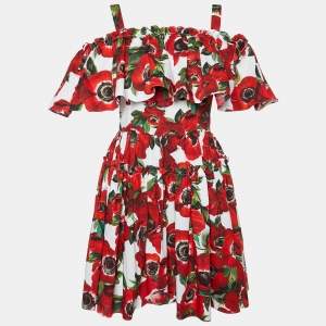 Pre Owned Dolce & Gabbana Red Floral Printed Cotton Cold Shoulder Mini Dress L