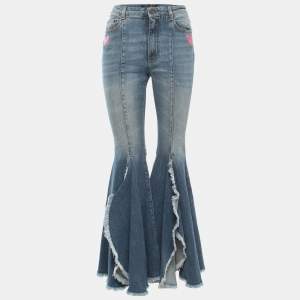Pre Owned Dolce & Gabbana Blue  Washed Denim Embellished Heart Detail Flared Jeans S Waist 26"