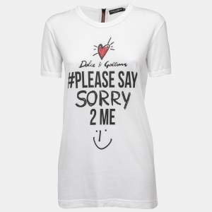 Pre Owned Dolce & Gabbana White Print Cotton Embellished Zip Detail Short Sleeve T-Shirt XS