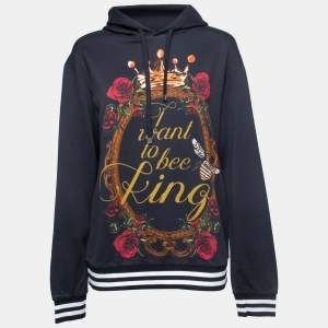 Pre Owned Dolce & Gabbana Navy Blue 'I Want To Bee King' Print Cotton Hooded Sweatshirt L
