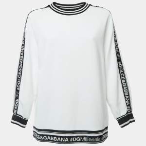 Dolce & Gabbana White Cotton Knit Logo Tape Detailed Sweatshirt M