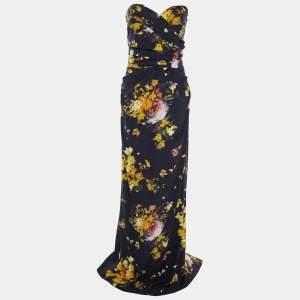Pre Owned Dolce & Gabbana Black Floral Printed Silk Draped Strapless Gown M