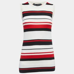 Pre Owned Dolce & Gabbana Cream Striped Knit Sleeveless Top M