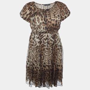 Dolce & Gabbana Brown Animal Printed Silk Pleated Dress S