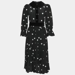 Pre Owned Dolce & Gabbana Black Polka Dotted Silk Blend Velvet Trim Pleated Midi Dress S