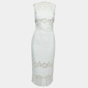 Pre Owned Dolce & Gabbana Cream Linen Blend Sheath Midi Dress XS