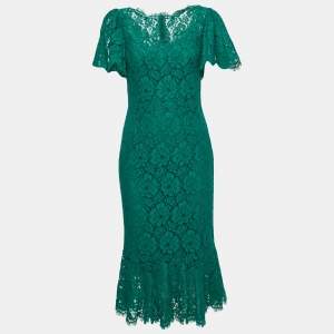 Pre Owned Dolce & Gabbana Green Lace Flutter Sleeve Midi Dress M