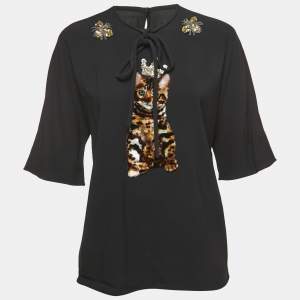 Pre Owned Dolce & Gabbana Black Crepe Embellished Cat Patch Detailed Blouse M