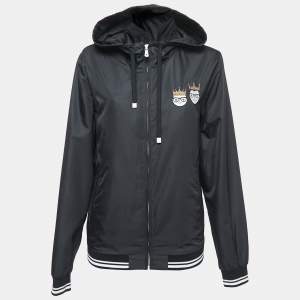 Pre Owned Dolce & Gabbana Black Synthetic Patch Detailed Zip Front Hooded Jacket L