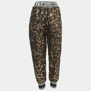 Pre Owned Dolce & Gabbana Gold/Black Sequined Logo Detailed Drawstring Joggers M