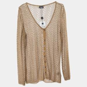 Pre Owned Dolce & Gabbana Gold Lurex Crochet Knit Sheer Button Front Shirt XL