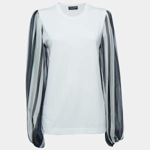 Pre Owned Dolce & Gabbana White Cotton Striped Silk Balloon Sleeve Top S