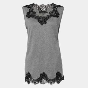 Pre Owned Dolce & Gabbana Grey Cotton Knit & Black lace Sleeveless T-Shirt M
