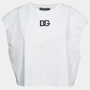 Pre Owned Dolce & Gabbana White Logo Embroidered Cotton Sleeveless Cropped T-Shirt M
