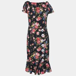 Pre Owned Dolce & Gabbana Black Floral Printed Silk Midi Dress M