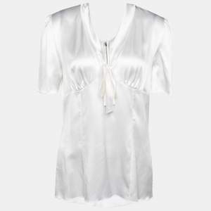 Pre Owned Dolce & Gabbana White Silk Satin Bow Detail Top L