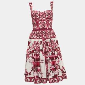 Pre Owned Dolce & Gabbana Pink Majolica Print Cotton Pleated Short Dress M