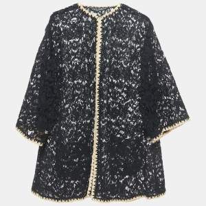 Dolce & Gabbana Black Floral Lace Raffia Trimmed Cape Coat L