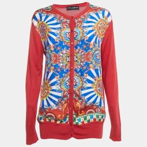 Dolce & Gabbana Red Carretto Print Silk Knit Button Front Cardigan M