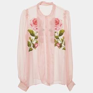 Pre Owned Dolce & Gabbana Pink Silk Floral Appliqued Sheer Blouse M