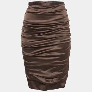 Pre Owned Dolce & Gabbana Brown Silk Satin Ruched Midi Skirt M