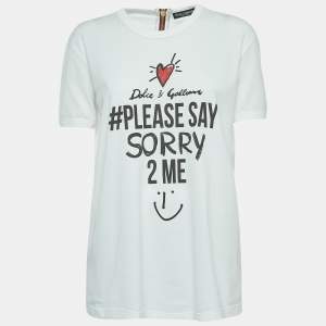 Pre Owned Dolce & Gabbana White Print Cotton Zip Detail Half Sleeve T-Shirt M