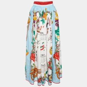 Pre Owned Dolce & Gabbana White Calendar Print Cotton Gathered Maxi Skirt M