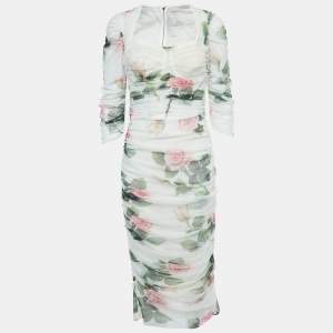 Pre Owned Dolce & Gabbana White Floral Printed Tulle Ruched Midi Dress L