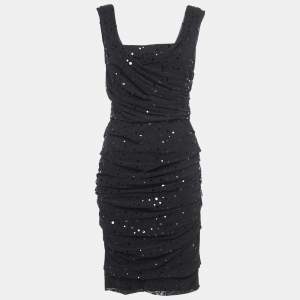 Pre Owned Dolce & Gabbana Black Tulle Ruched Mini Dress M
