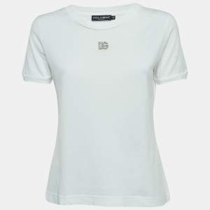 Pre Owned Dolce & Gabbana White Cotton Crystal Embellished Logo T-Shirt M