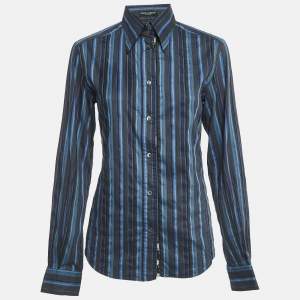 Dolce & Gabbana Blue Striped Cotton Full Sleeve Shirt M