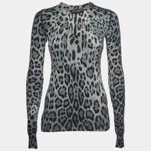 Pre Owned Dolce & Gabbana Blue Leopard Print Cashmere V-Neck Sweater S