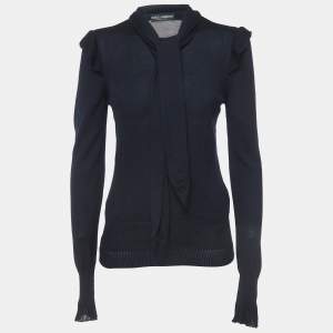 Pre Owned Dolce & Gabbana Navy Blue Cashmere and Silk Knit Neck Tie Top M