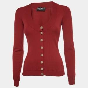 Pre Owned Dolce & Gabbana Red Knit DG Detail Buttoned Cardigan M