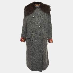 Dolce & Gabbana Grey Wool Blend and Fur Double Breasted Long Coat M